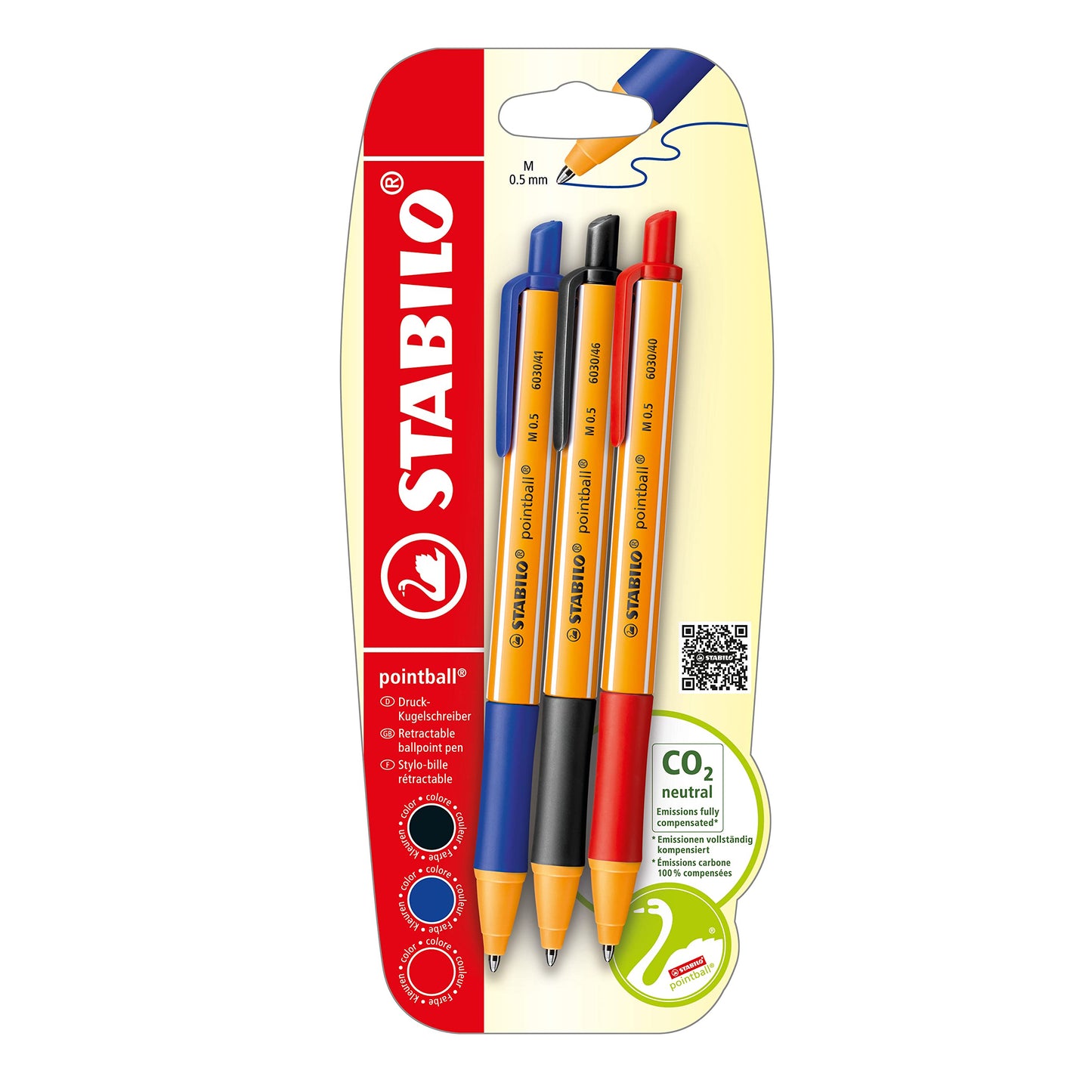 Penna a sfera Ecosostenibile - STABILO pointball - CO2 neutral - Pack da 3 - Nero/Blu/Rosso