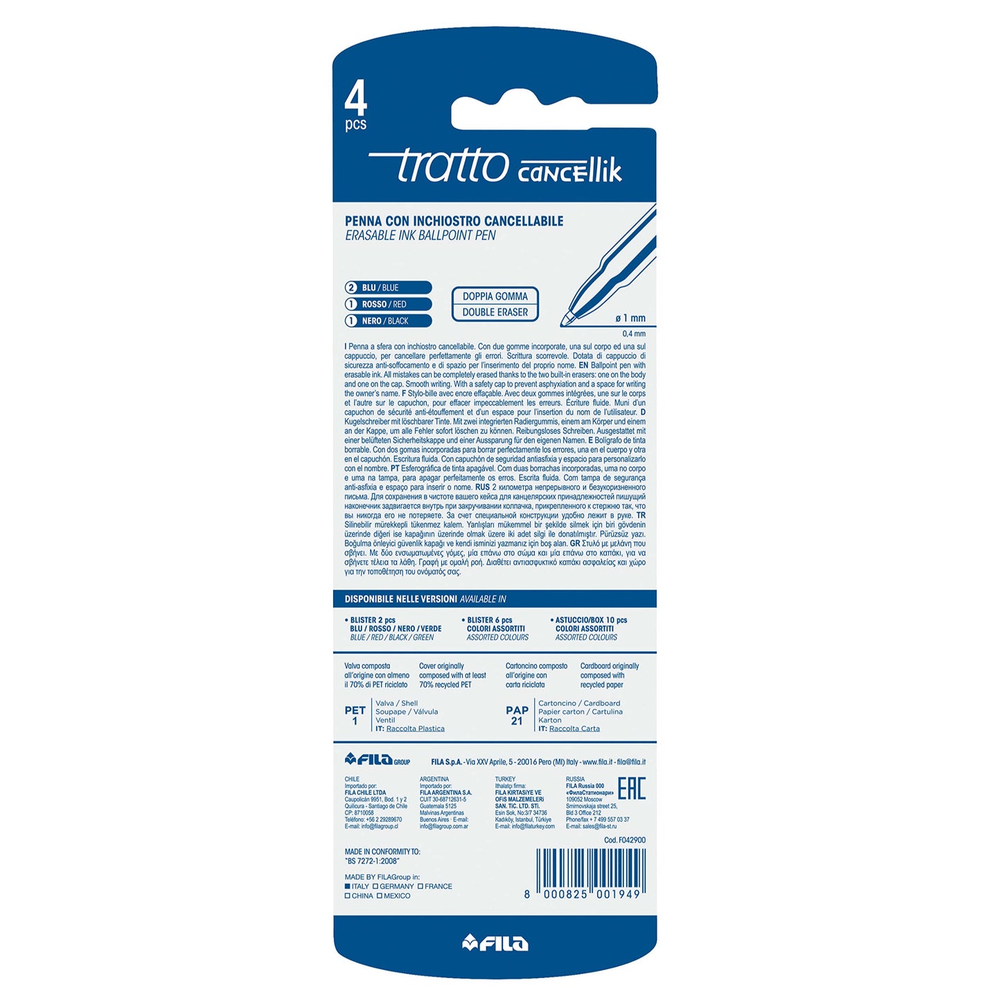 Tratto 041702 - Penna con inchiostro cancellabile, Blu, Confezione da 2pz