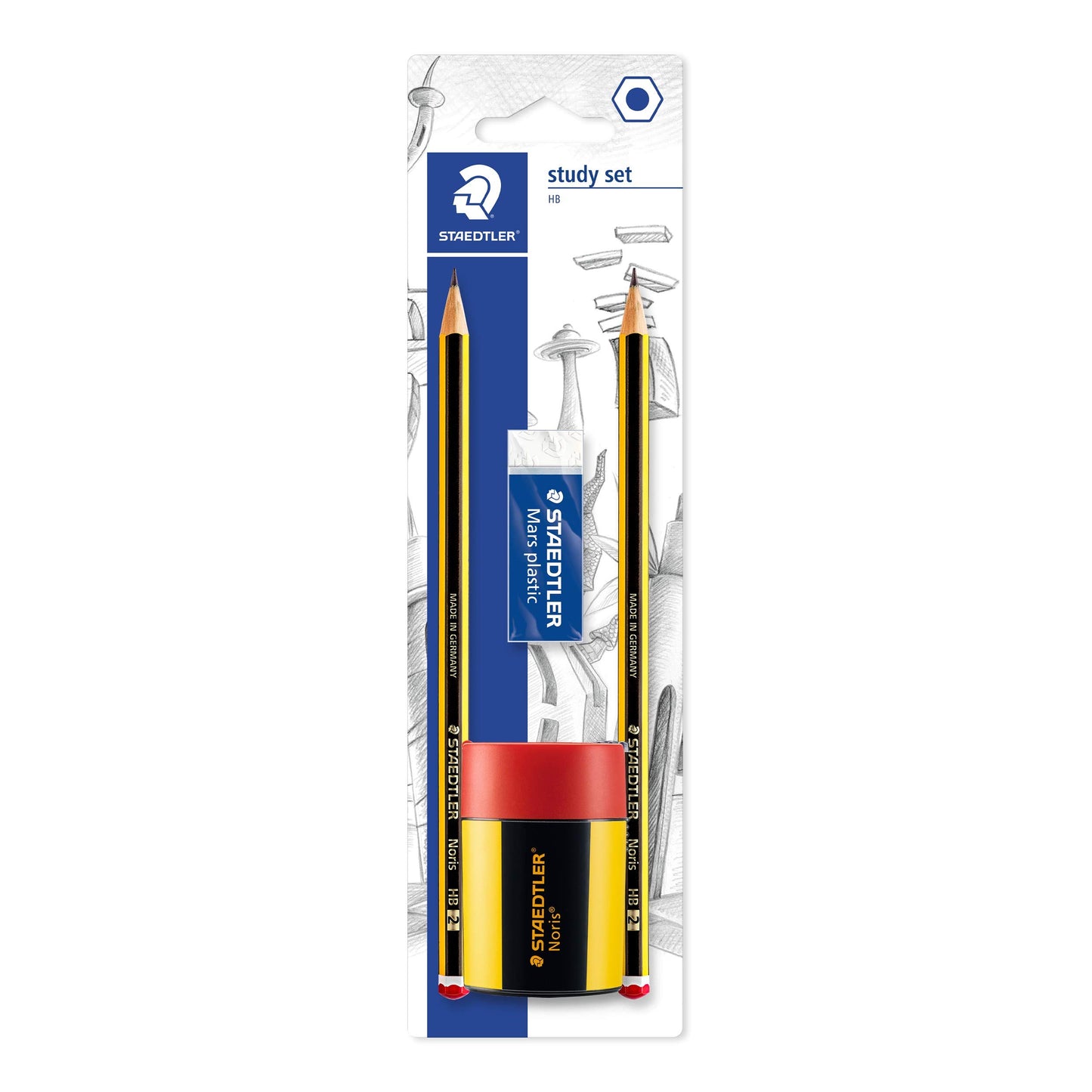 Staedtler 120 511Bkdst Set Scuola Study Set, Comprendente 2 Matite Noris Hb, Una Gomma Mars Plastic e Un Temperamatite Noris con Serbatoio