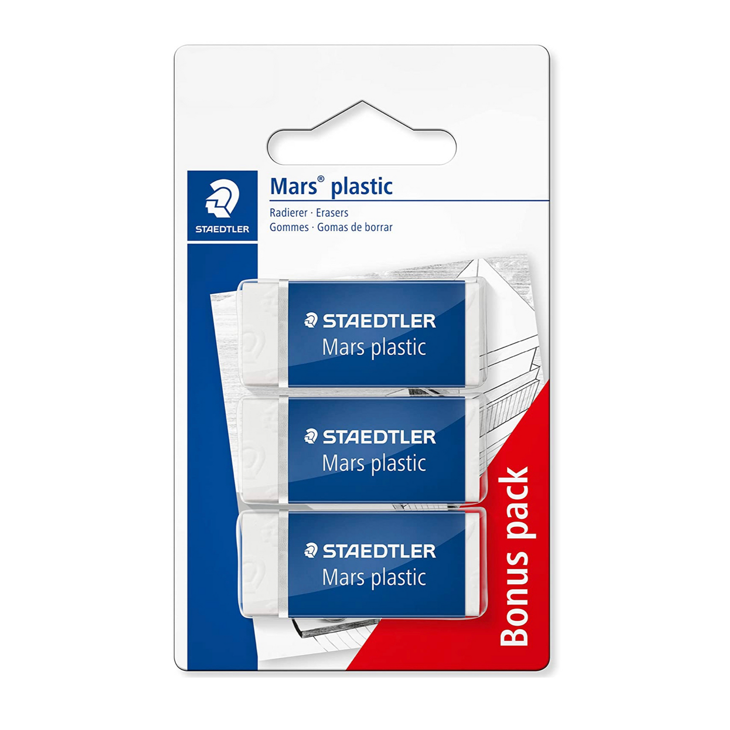 Staedtler Mars Plastic 526 53 Gomma, Bianco, 11 x 6.6 x 1.5 cm, Confezione Da Tre