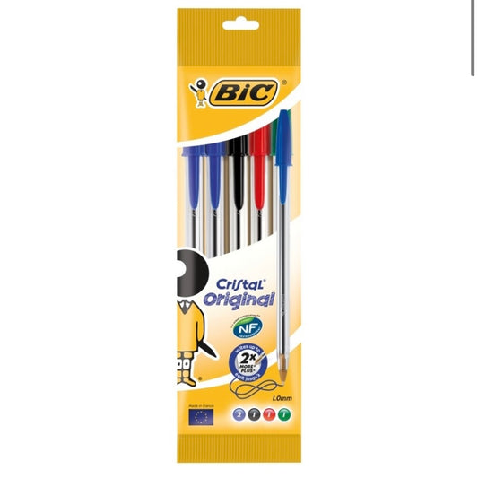 BIC Penne a Sfera, Cristal Original, Colori Assortiti, Punta Media, 1,0 mm, Confezione da 5